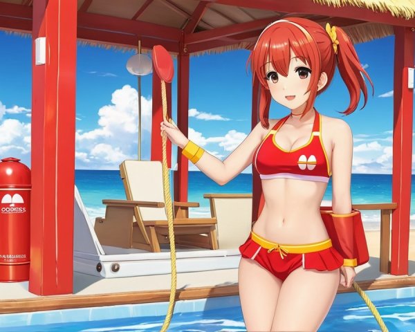 Cheerful Anime Girl at Beachside Lifeguard Station