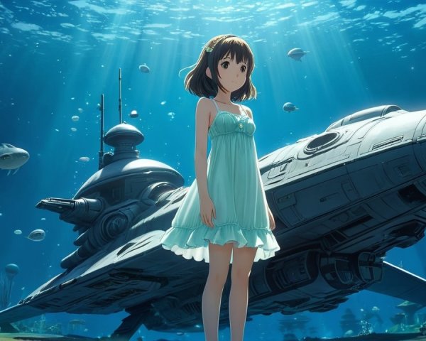 Underwater Scene with Girl and Futuristic Submarine