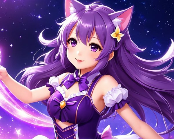 Whimsical Character with Purple Hair in Starry Scene
