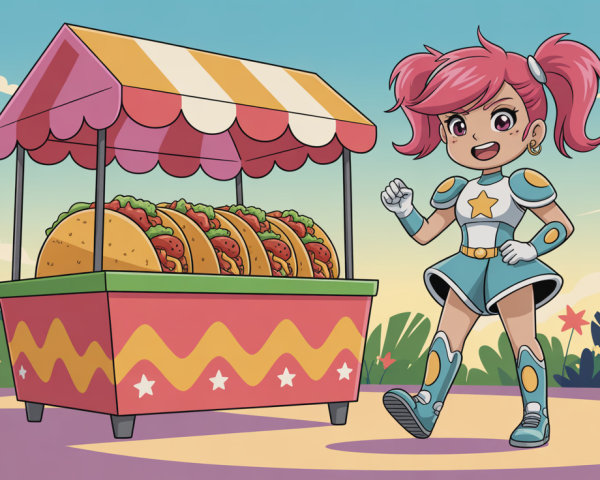 Cartoon girl in superhero outfit by taco cart in park