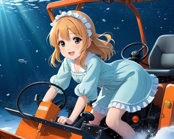 Cheerful girl driving orange snowplow in underwater scene