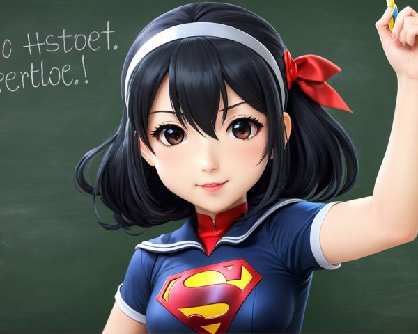 Cheerful Character with Chalkboard and Superman Shirt