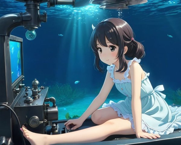 Young girl in submarine observing underwater scenery