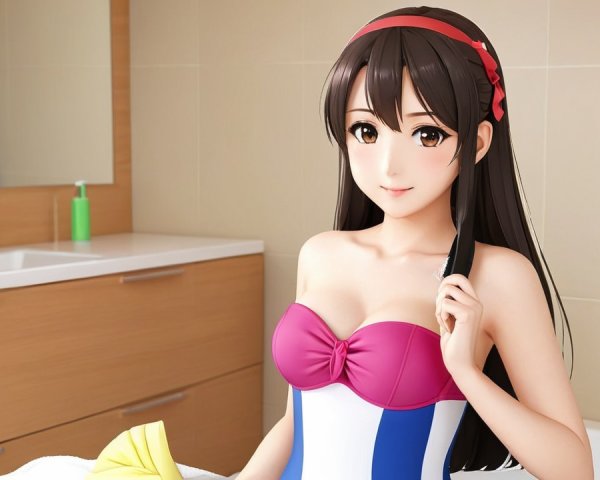 Young Woman in Modern Bathroom with Stylish Swimsuit