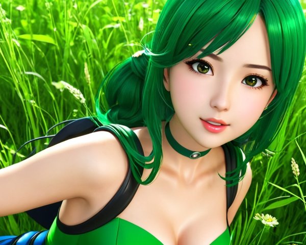 Character with Green Hair in a Lush Grass Field