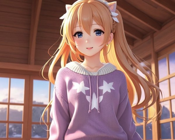 Anime Character in Cozy Wooden Room with Scenic View