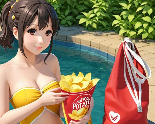 Young Woman in Yellow Swimsuit by Poolside with Snacks