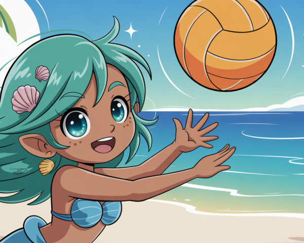 Mermaid Illustration on Beach with Volleyball and Palm Leaves