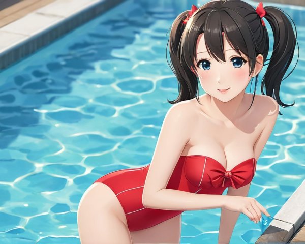 Cheerful anime character by a sunny swimming pool