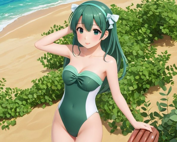 Cheerful anime character on a sunny beach scene