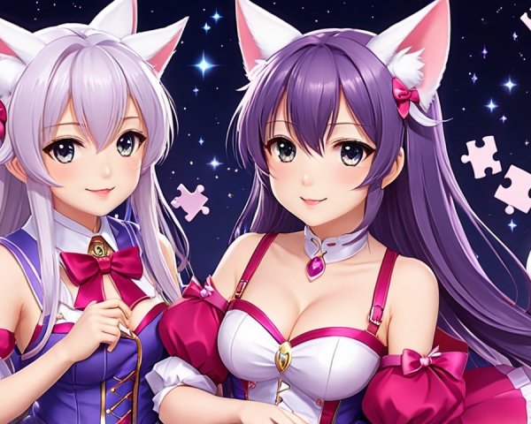 Anime Characters with Feline Features and Colorful Outfits
