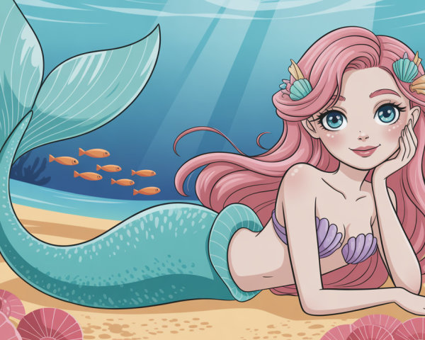 Cartoon Mermaid on Sandy Ocean Floor with Fish and Coral