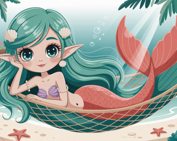 Chibified Mermaid in Hammock on Beach Scene