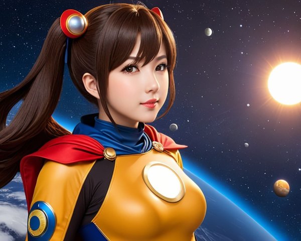 Young woman in vibrant superhero costume against cosmic backdrop