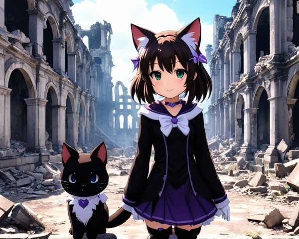 Character with Cat Features in Ruined Landscape