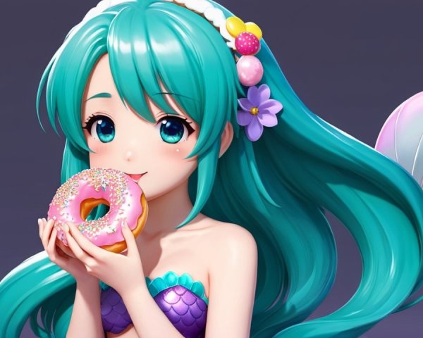 Vibrant animated character with teal hair and donut