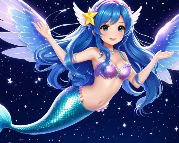 Whimsical Mermaid with Blue Hair in Starry Sky