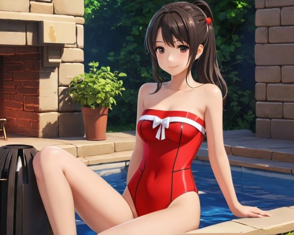 Young Woman in Red Swimsuit by Sparkling Pool