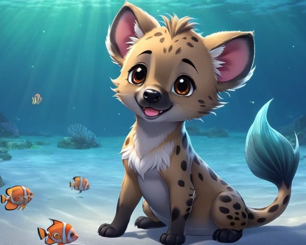 Cartoon Hyena Pup in Vibrant Underwater Scene