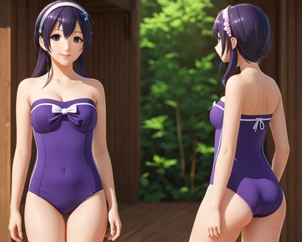 Young Woman in Elegant Purple Swimsuit Outdoors