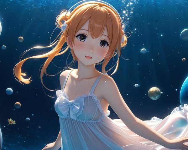 Young girl in cosmic underwater scene with glowing planets
