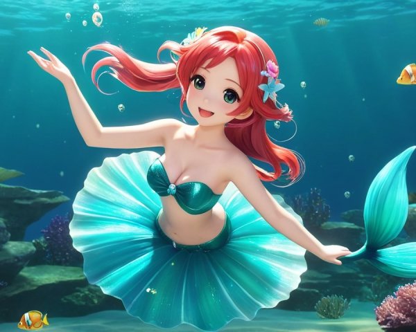 Vibrant Underwater Scene with Cheerful Mermaid