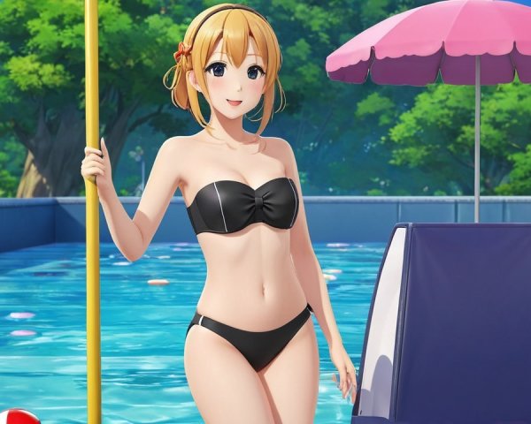 Young woman in black bikini by vibrant swimming pool