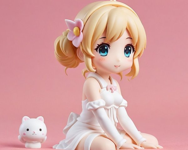 Young girl with blonde curls and white dress on pink background