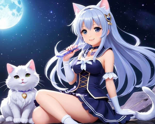 Fantasy Scene of a Girl with Cat Ears and Moonlit Sky