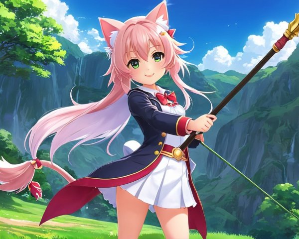 Cheerful Anime Character in Vibrant Fantasy Landscape