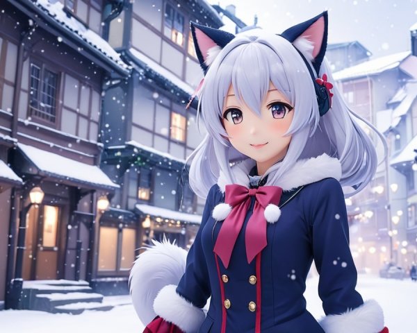 Anime Character in Snowy Village with Cat Ears