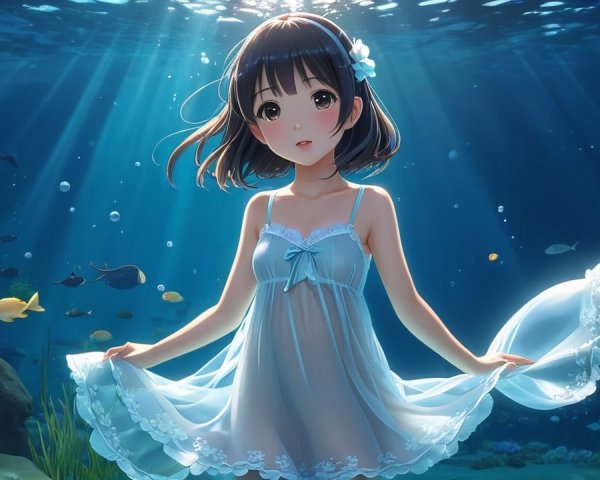 Young girl in blue dress underwater with fish and coral