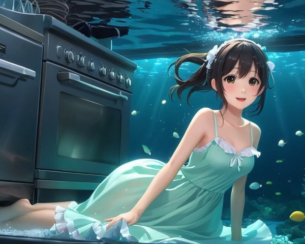 Underwater Kitchen Scene with Girl in Green Dress