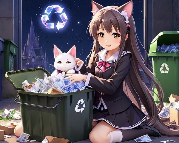 Whimsical Scene of Girl and Cat in Recycling Adventure