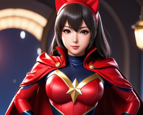 Female superhero in vibrant red and blue costume