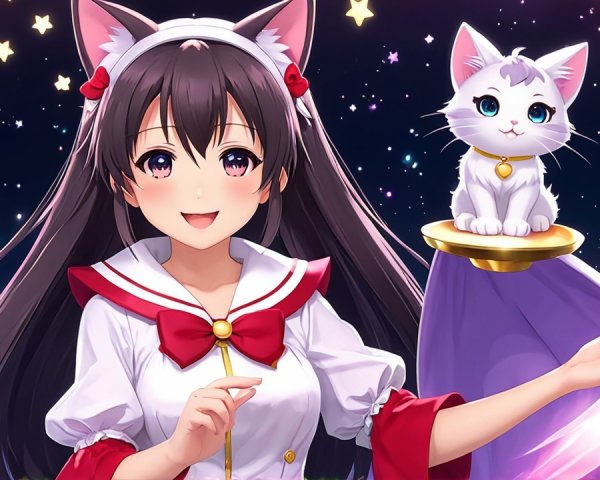 Cheerful anime girl with cat ears and fluffy white cat