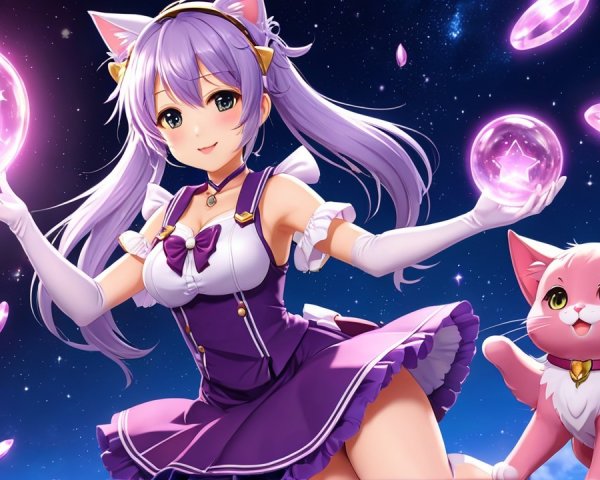 Charming anime girl with cat ears in a night sky