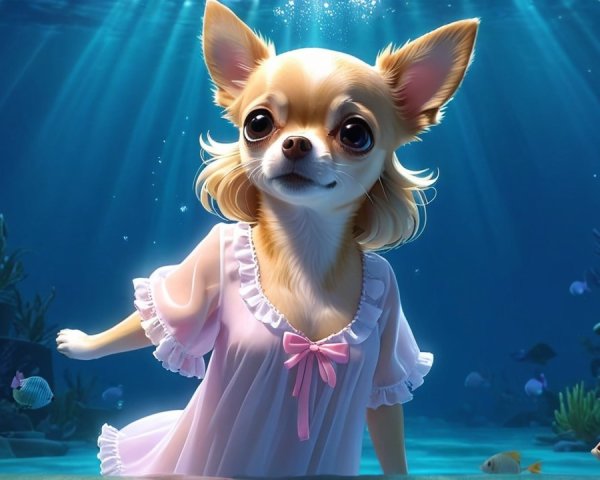 Underwater Scene with Chihuahua in Pink Nightgown