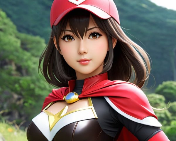 Female Character in Red Cap and Cape in Green Landscape