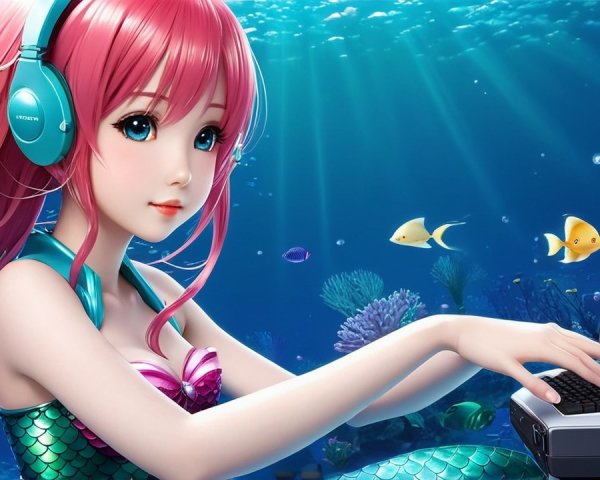 Mermaid in Underwater Scene with Technology and Coral