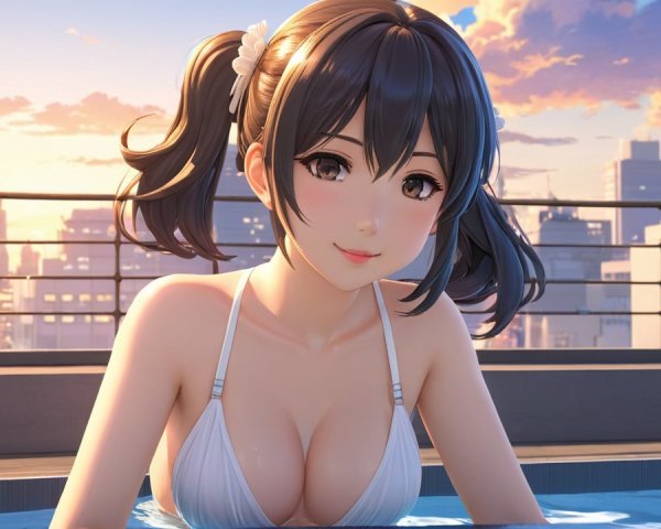 Young woman in pigtails by rooftop pool at sunset