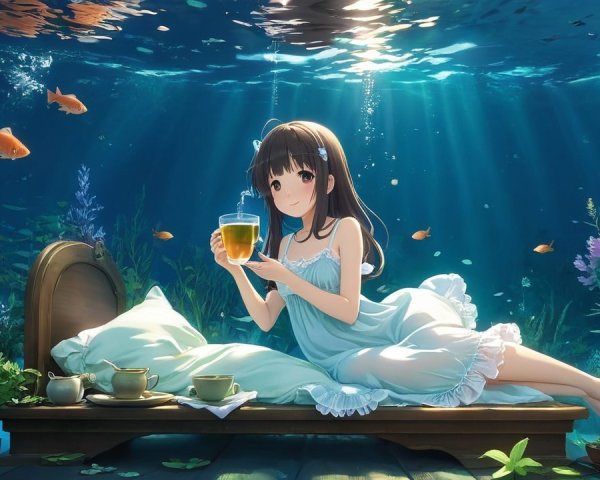 Underwater Scene of Girl with Goldfish and Sunlight