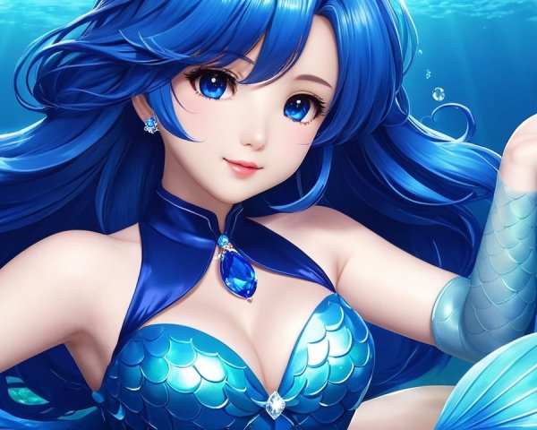 Underwater Scene with Mermaid and Vibrant Blue Hair