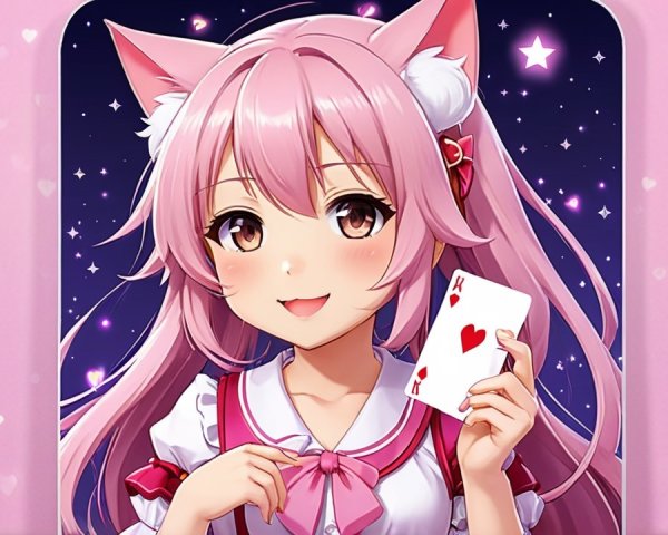 Cheerful anime character with pink hair and cat ears