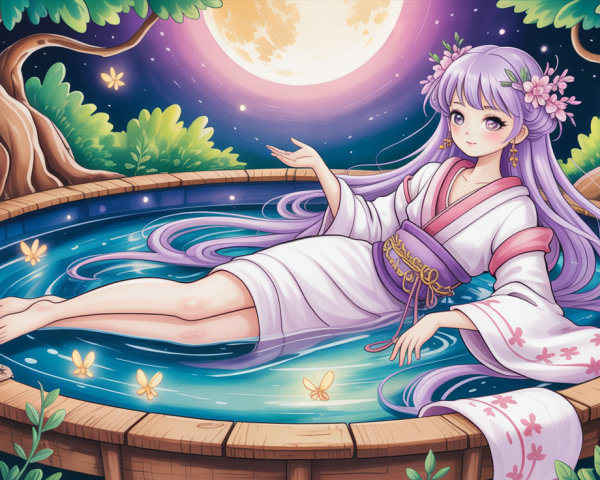 Anime Fairy in Hot Tub Surrounded by Forest at Night