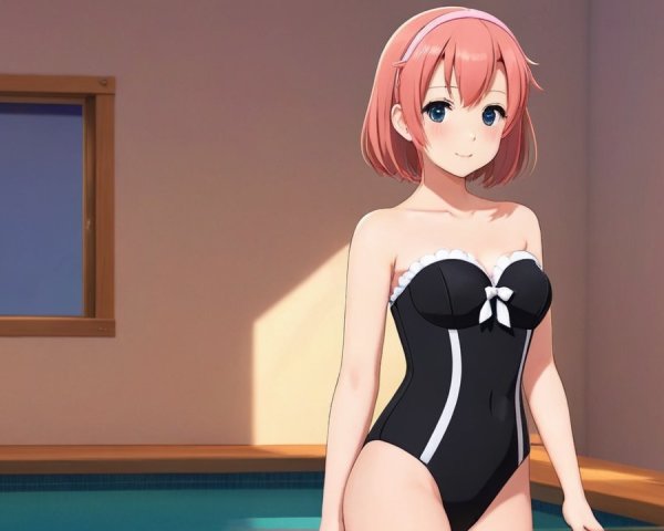 Stylized character in a bright room with pool setting