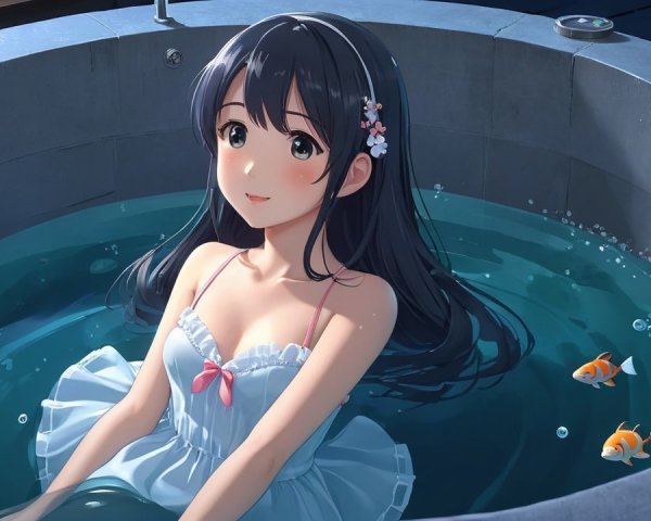 Girl in Bathtub Surrounded by Colorful Goldfish
