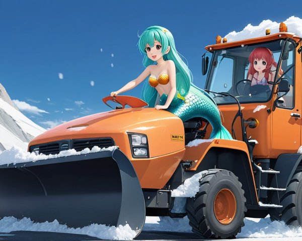 Bright Orange Snowplow in Snowy Mountain Landscape