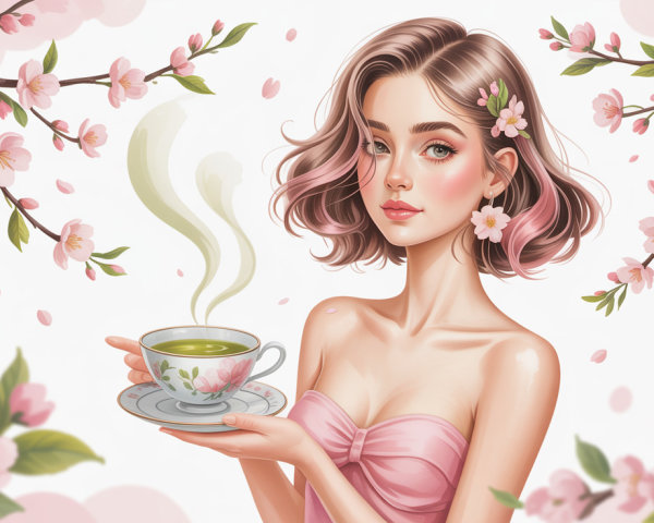 Anime girl with pink hair in a floral tea setting