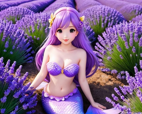 Mermaid Among Lavender Blooms in Serene Landscape
